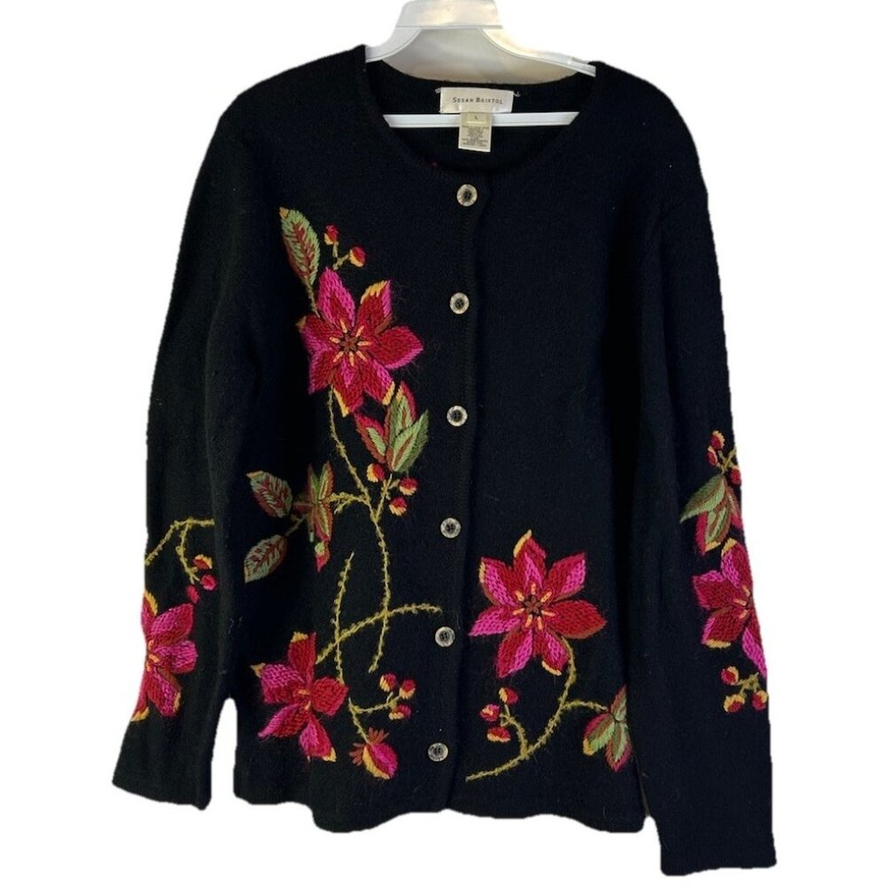 Vintage 90s Whimsy Cardigan Sweater Worsted Wool Floral Crewel
